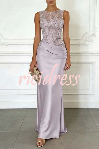 Gold Vera Mesh Embroidery Satin Ruched Crew Neck Sleeveless Gown Maxi Dress