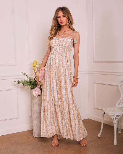 Pink Floral Arabella Tiered Floral Maxi Dress