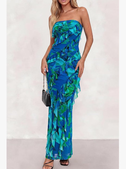 Violet Ruffle Maxi Dress in Blue & Green