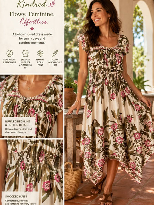 Anthropologie Dresses | Kindred Anthropologie Floral Smocked Waist Midi Dress Boho Cottage- Pink & Olive | Color: Green/