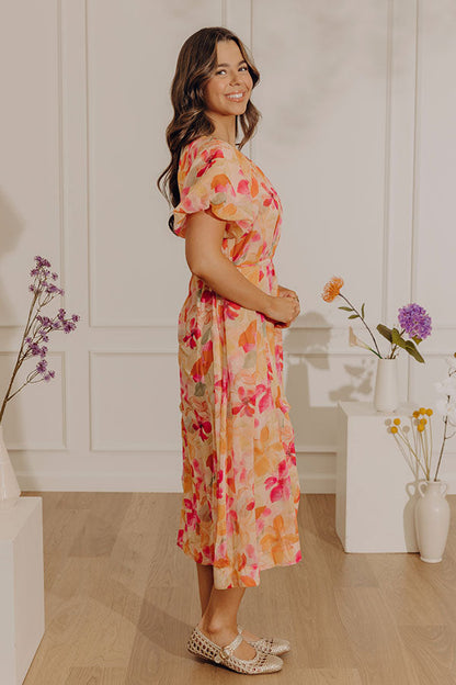 Orange Hibiscus Floral Midi Dress