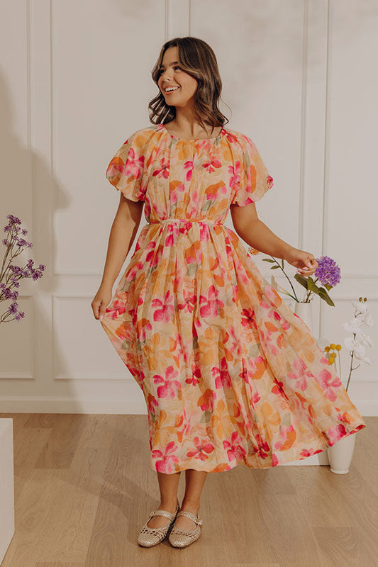 Orange Hibiscus Floral Midi Dress