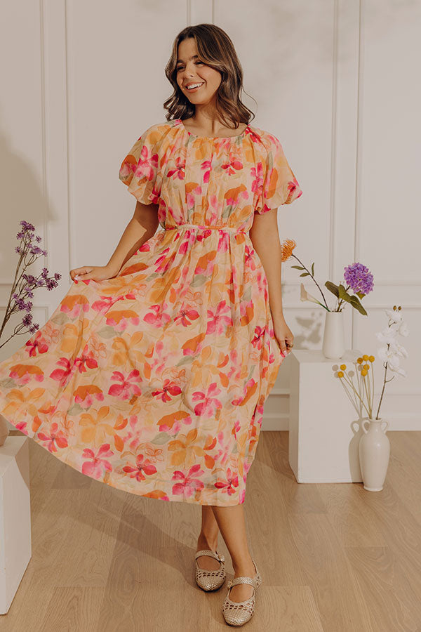 Orange Hibiscus Floral Midi Dress