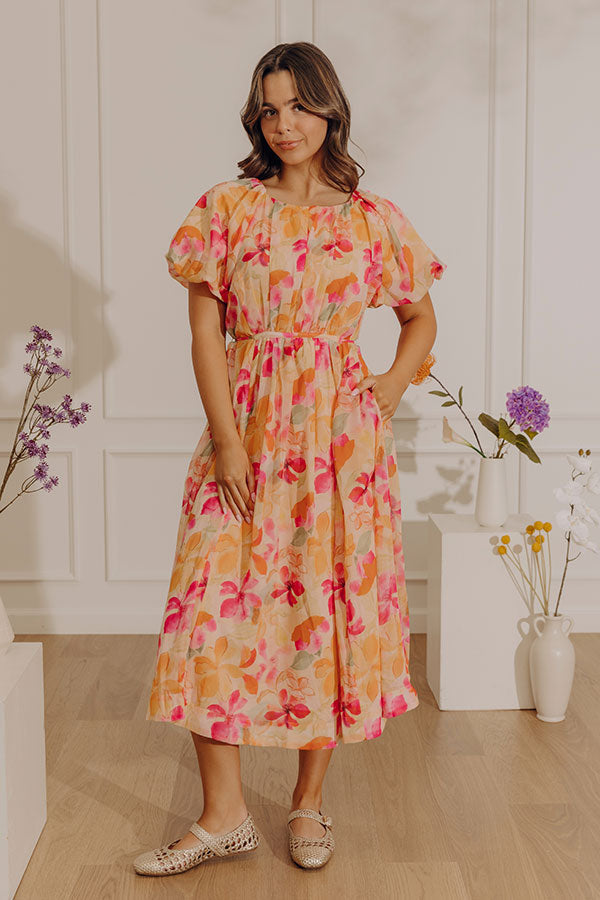 Orange Hibiscus Floral Midi Dress