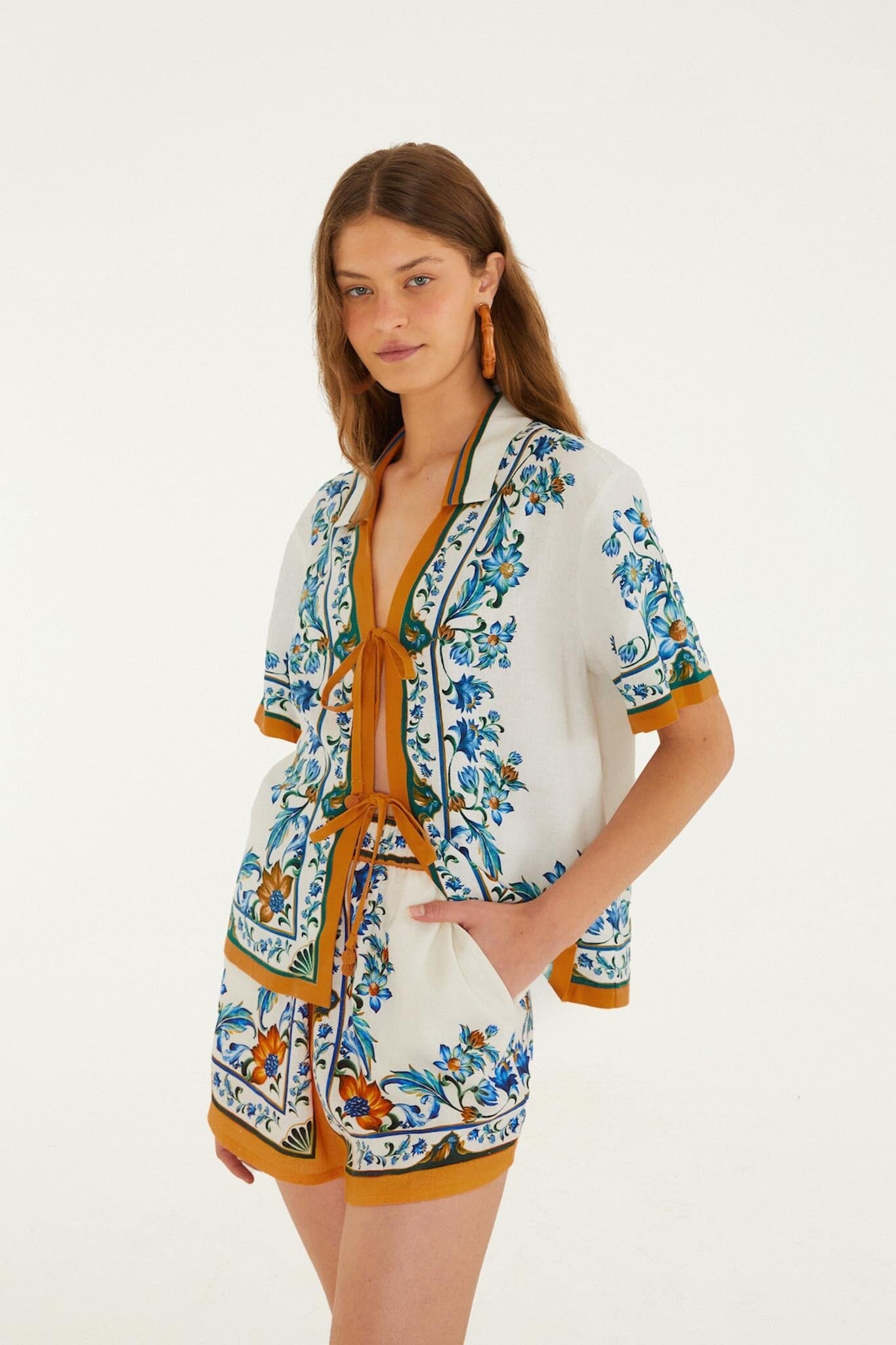 White Flora Tile Shorts Margot Linen Maxi Dress in Off-White Flora