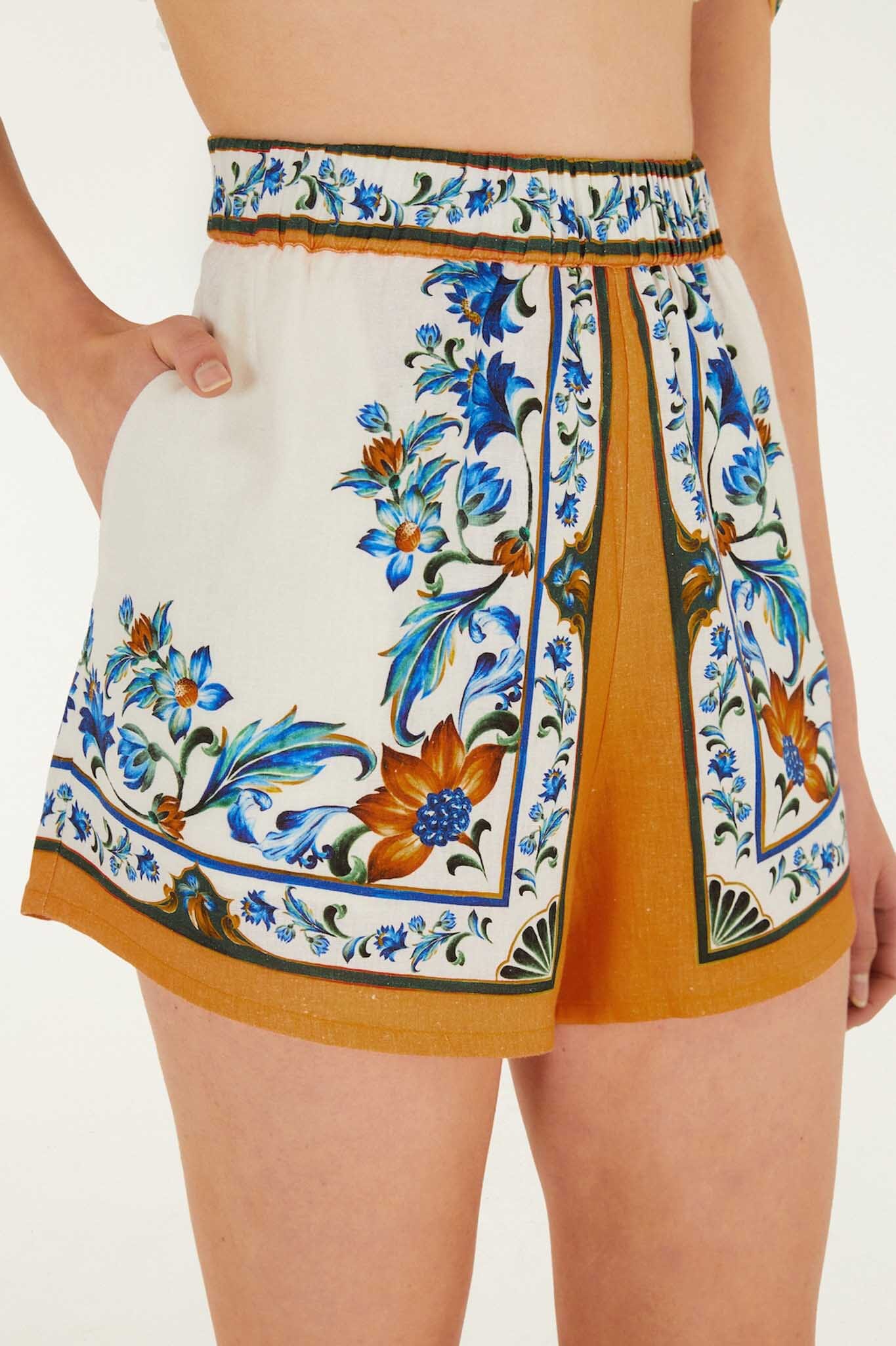 White Flora Tile Shorts Margot Linen Maxi Dress in Off-White Flora