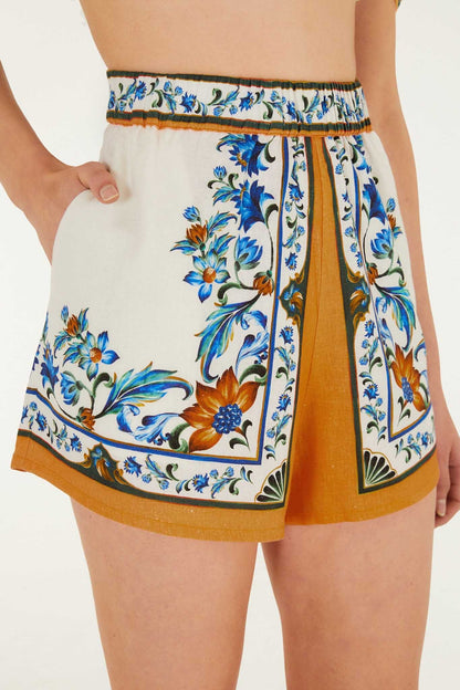 White Flora Tile Shorts Margot Linen Maxi Dress in Off-White Flora