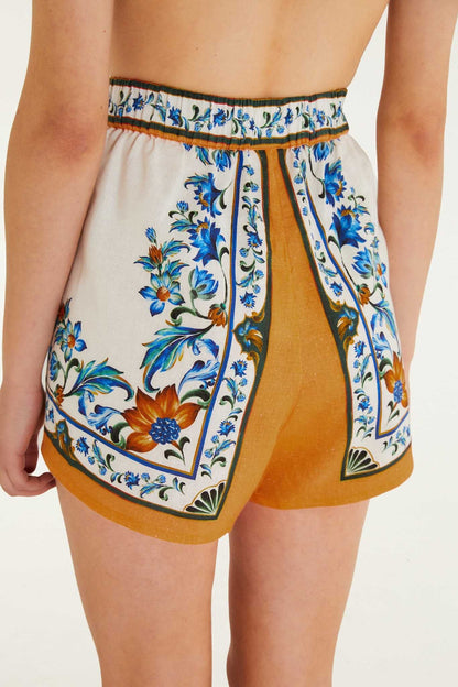 White Flora Tile Shorts Margot Linen Maxi Dress in Off-White Flora