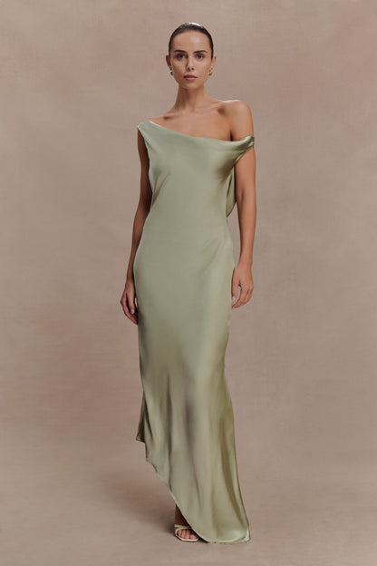 Sage Yvette Asymmetrical Slip Maxi Dress in Emerald