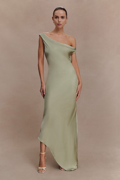 Sage Yvette Asymmetrical Slip Maxi Dress in Emerald
