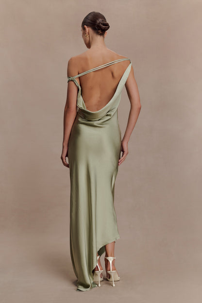 Sage Yvette Asymmetrical Slip Maxi Dress in Emerald