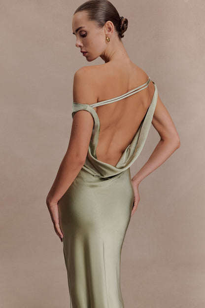 Sage Yvette Asymmetrical Slip Maxi Dress in Emerald