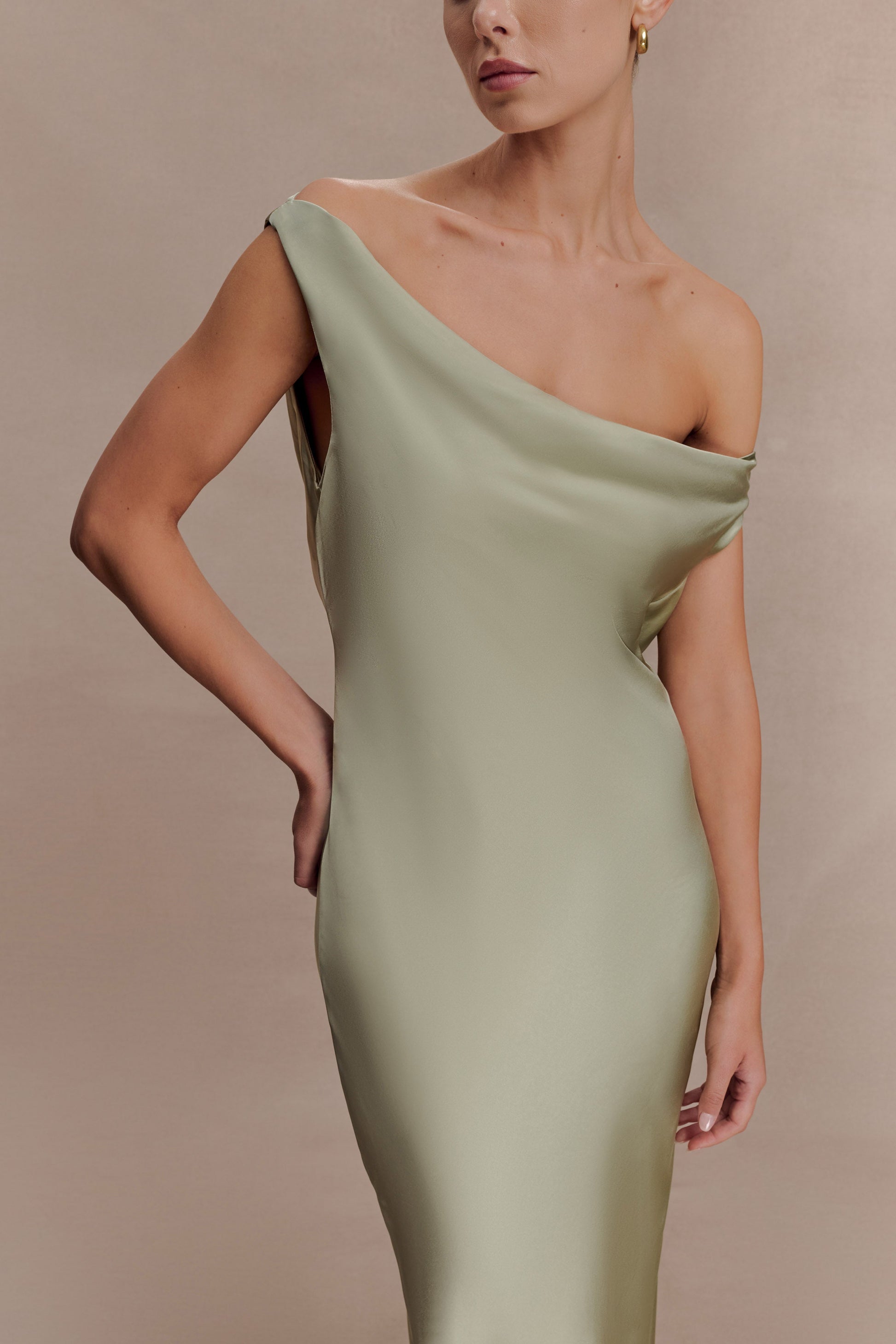 Sage Yvette Asymmetrical Slip Maxi Dress in Emerald