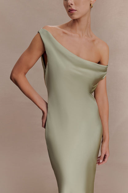 Sage Yvette Asymmetrical Slip Maxi Dress in Emerald