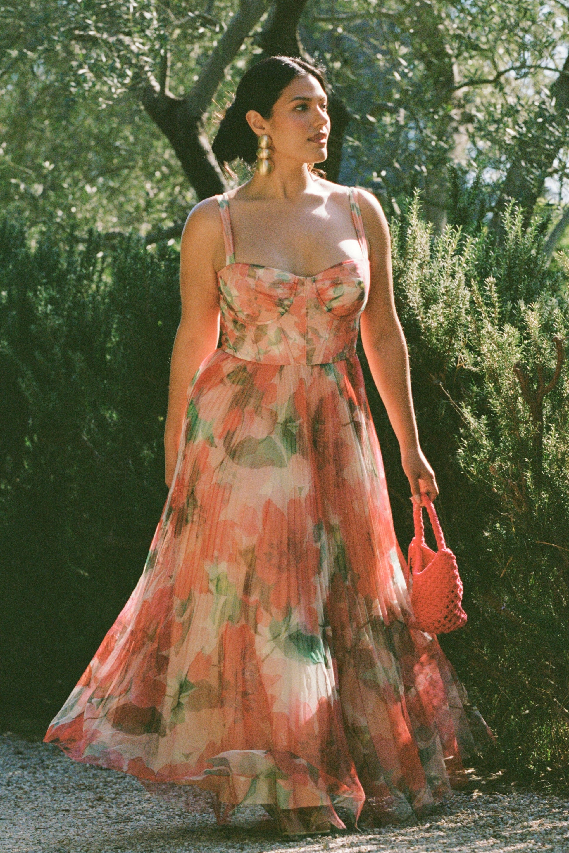 Ivory/Coral Watercolor Bloomed Floral Margot Watercolor Floral Gown