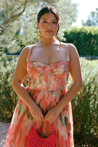 Ivory/Coral Watercolor Bloomed Floral Margot Watercolor Floral Gown