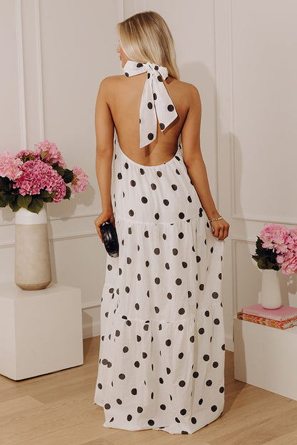 white Margot Polka Dot Halter Maxi Dress