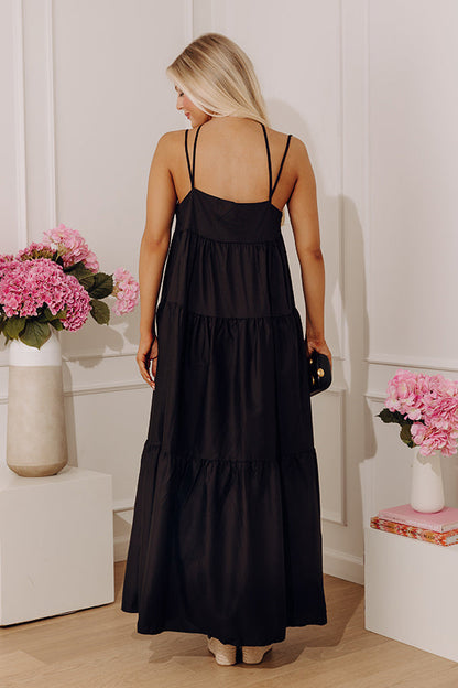 Black Margot Poplin Tiered Maxi Dress