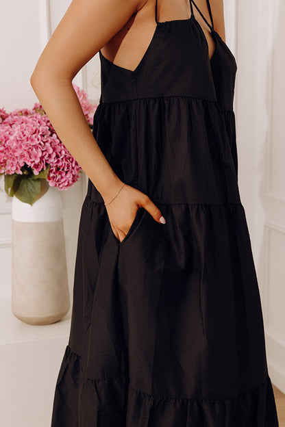 Black Margot Poplin Tiered Maxi Dress