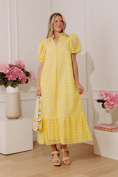 Yellow Grace Eyelet Midi Dress in Yellow
