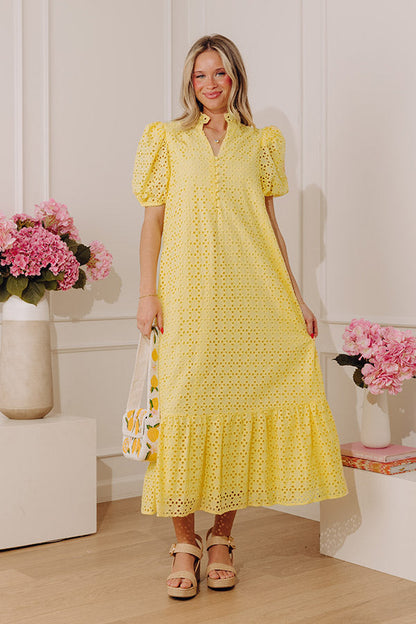Yellow Grace Eyelet Midi Dress in Yellow