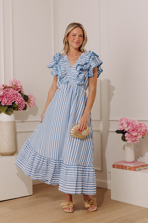Airy Blue Margot Striped Ruffle Midi Dress