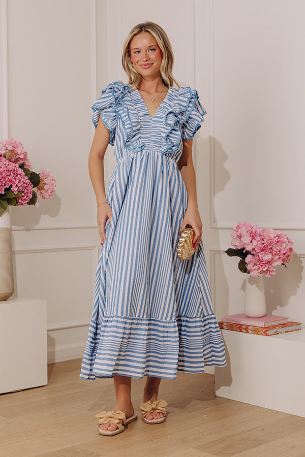 Airy Blue Margot Striped Ruffle Midi Dress