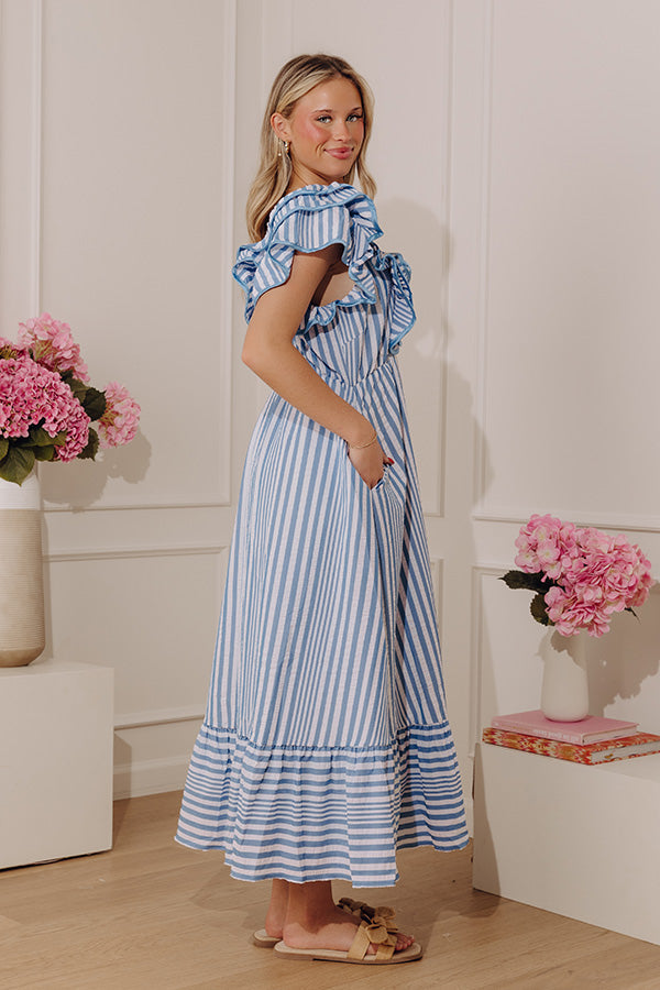 Airy Blue Margot Striped Ruffle Midi Dress