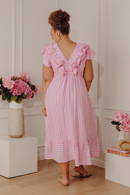 Pink Curves Margot Striped Ruffle Midi Dress