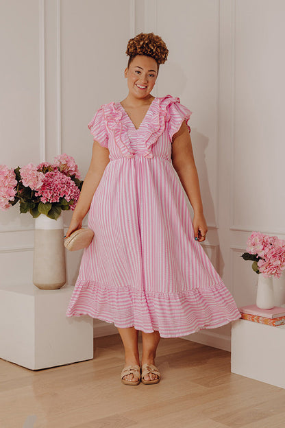 Pink Curves Margot Striped Ruffle Midi Dress