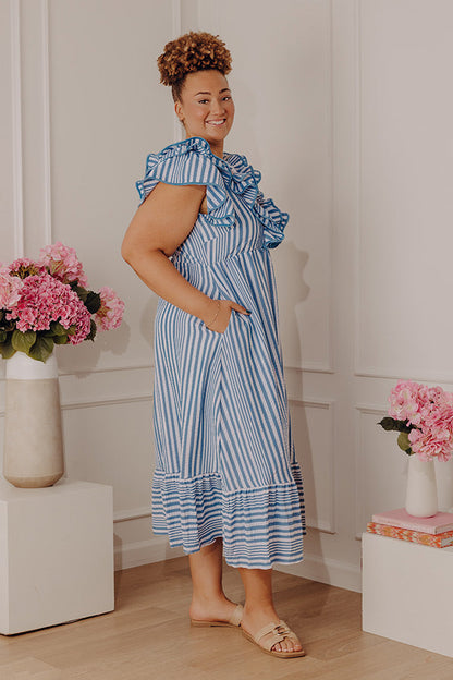 Airy Blue Curves Margot Striped Ruffle Midi Dress
