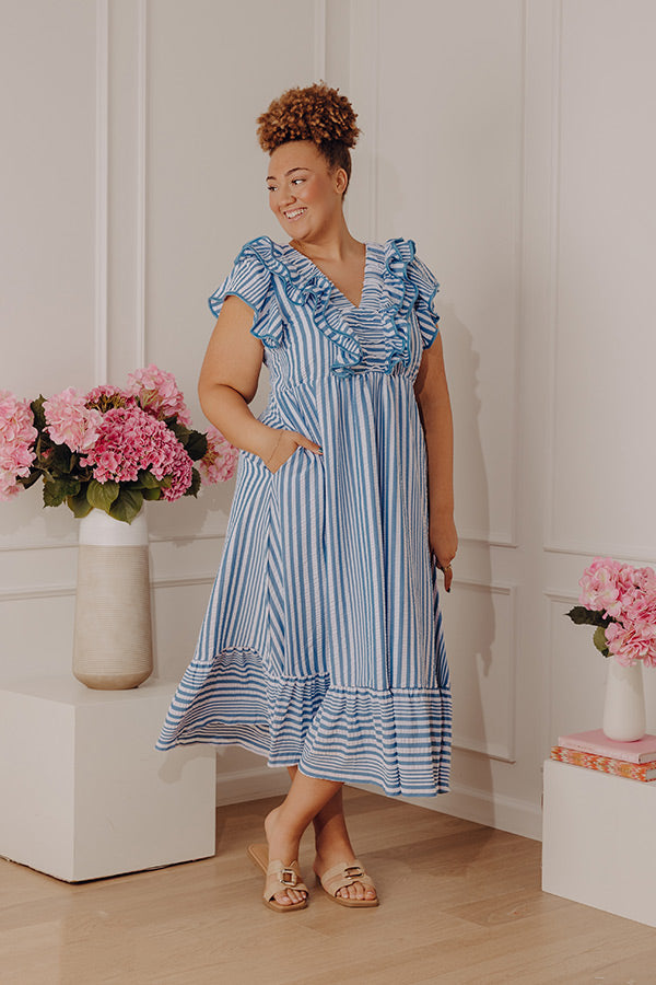 Airy Blue Curves Margot Striped Ruffle Midi Dress
