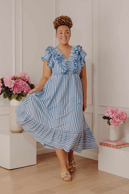 Airy Blue Curves Margot Striped Ruffle Midi Dress