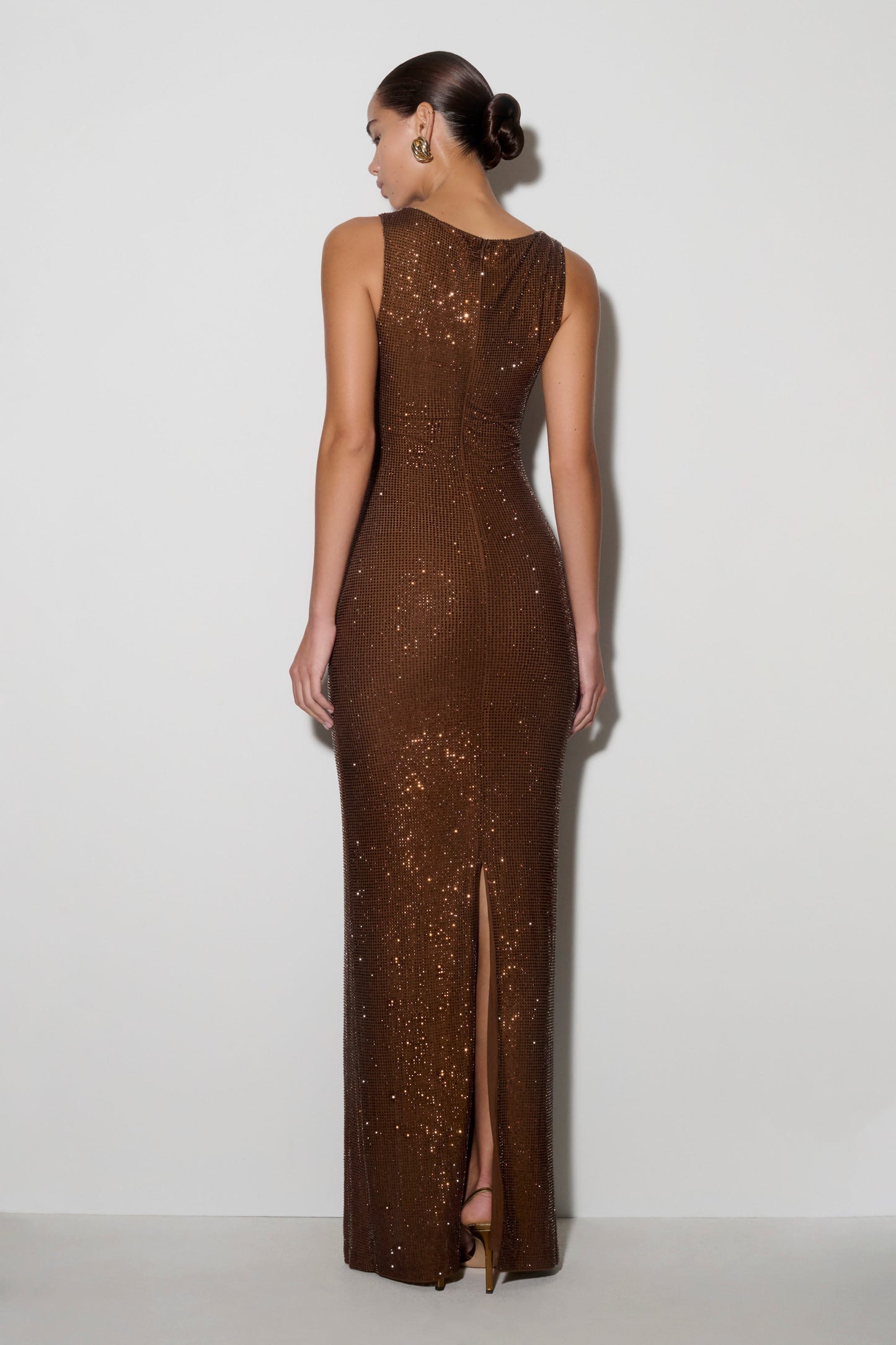 Chocolate Magnolia Diamante Sleeveless Maxi Dress in Chocolate