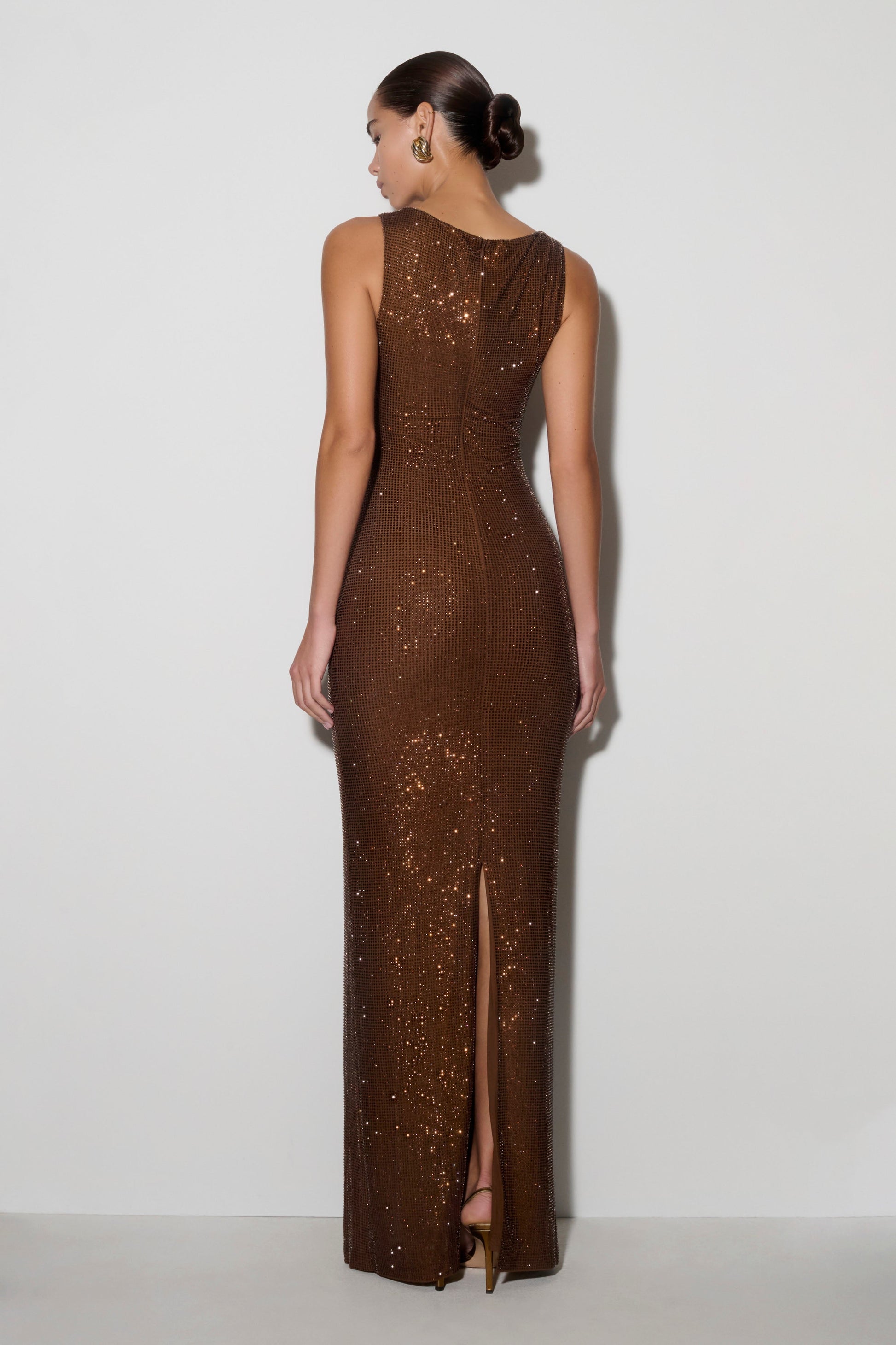 Chocolate Magnolia Diamante Sleeveless Maxi Dress in Chocolate
