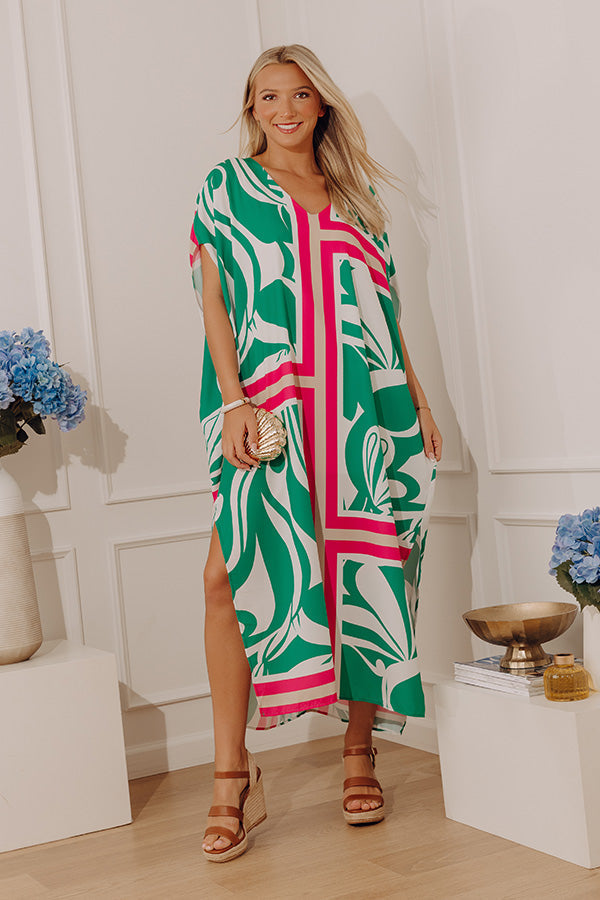 green Coastal Cabana Caftan Midi Dress