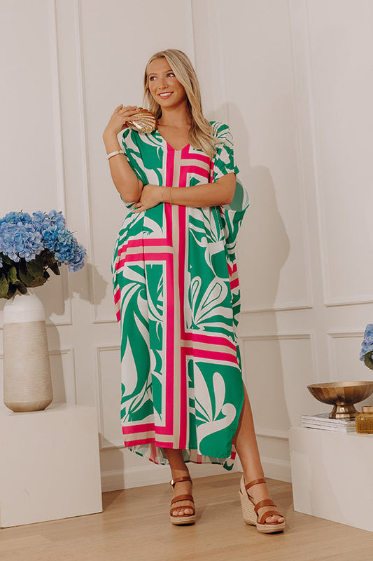 green Coastal Cabana Caftan Midi Dress