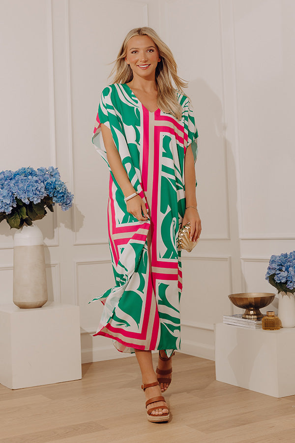 green Coastal Cabana Caftan Midi Dress