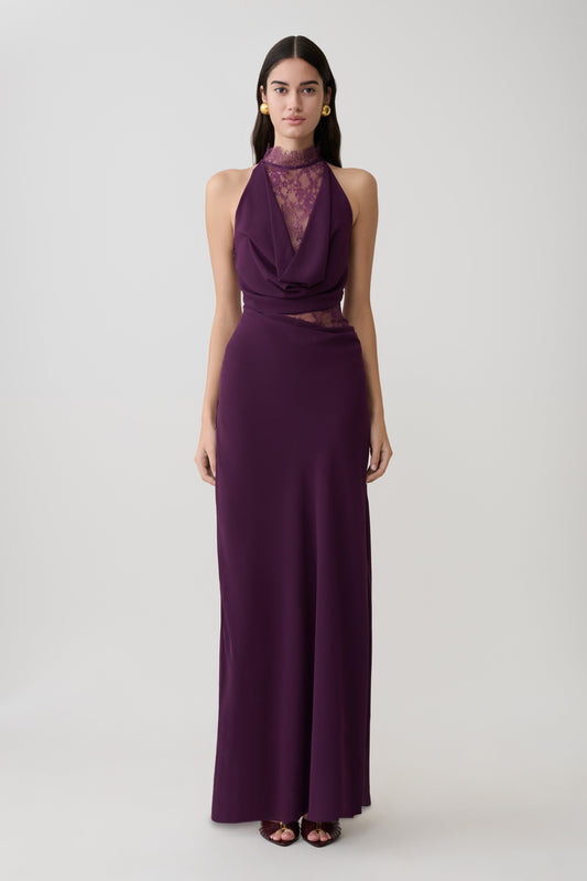 Plum Arra Chiffon & Lace Halter Maxi Dress in Plum