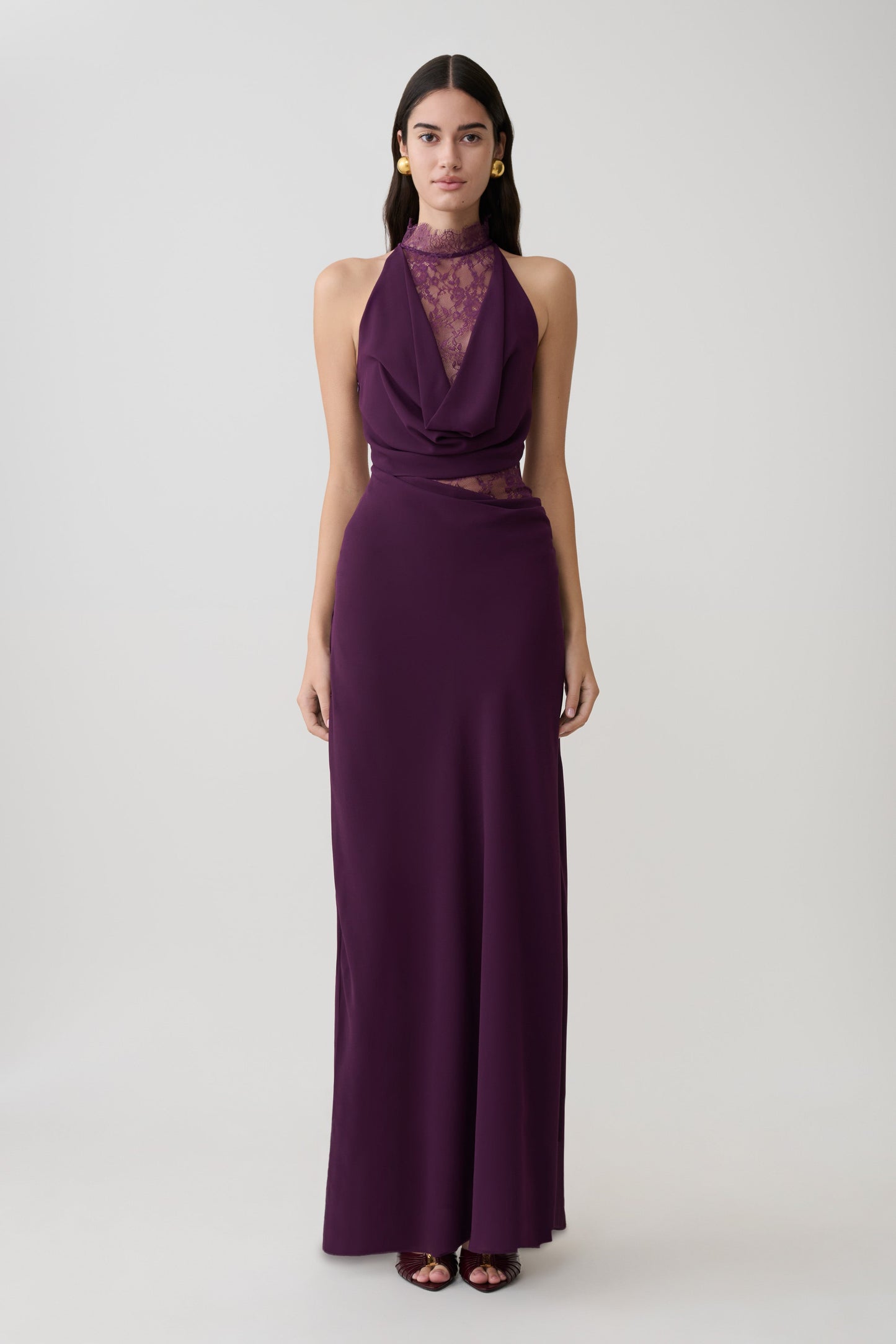 Plum Arra Chiffon & Lace Halter Maxi Dress