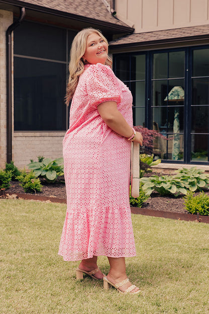 Pink Curves Grace Eyelet Midi Dress in Yellow