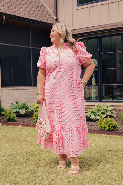 Pink Curves Grace Eyelet Midi Dress in Yellow