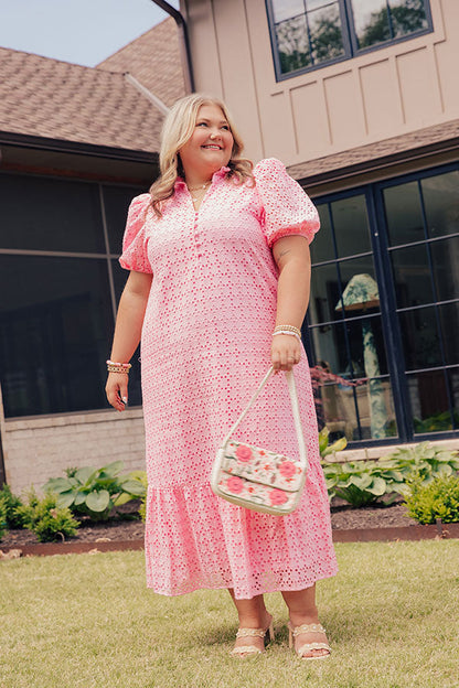 Pink Curves Grace Eyelet Midi Dress in Yellow