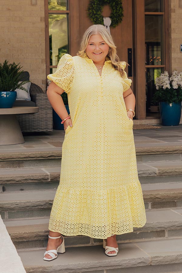 Yellow Curves Grace Eyelet Midi Dress in Yellow