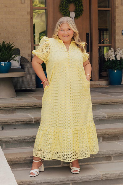 Yellow Curves Grace Eyelet Midi Dress in Yellow