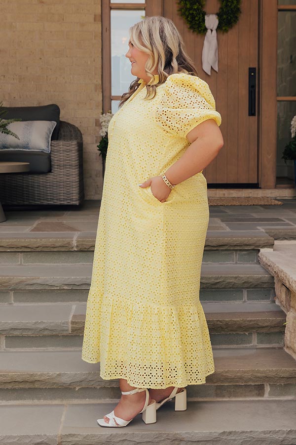 Yellow Curves Grace Eyelet Midi Dress in Yellow