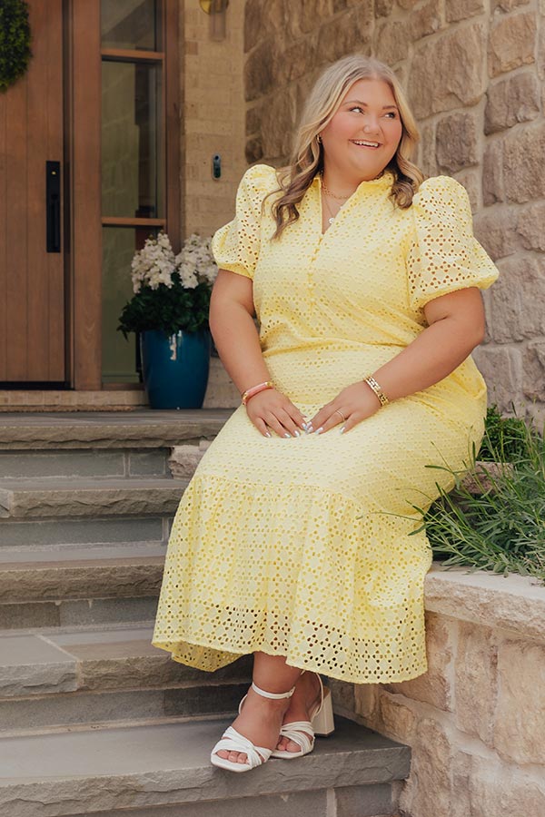 Yellow Curves Grace Eyelet Midi Dress in Yellow