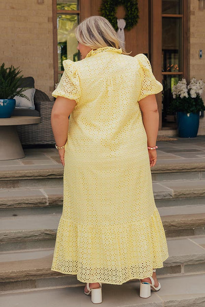 Yellow Curves Grace Eyelet Midi Dress in Yellow