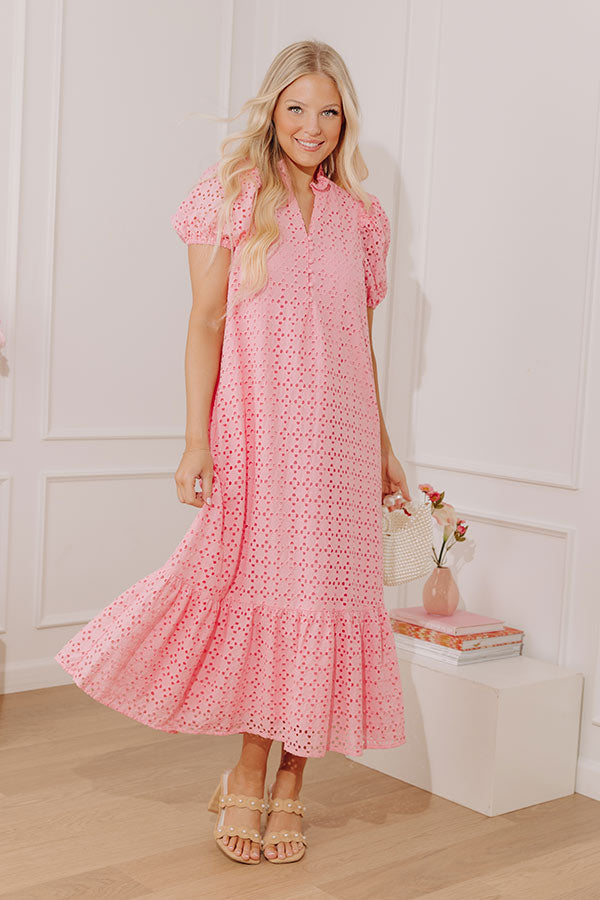 Pink Grace Eyelet Midi Dress in Yellow