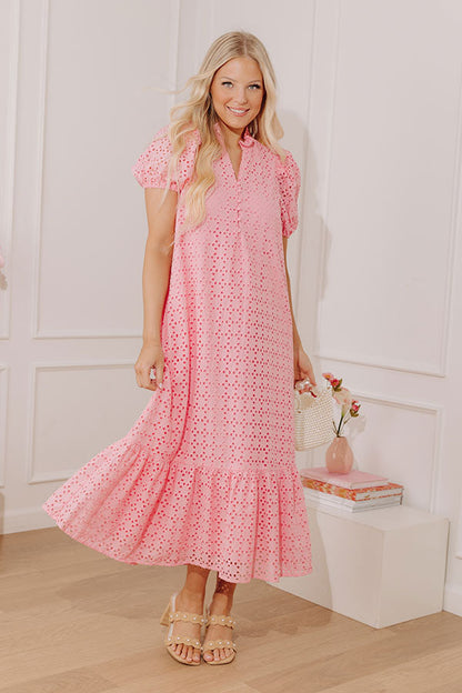 Pink Grace Eyelet Midi Dress in Yellow
